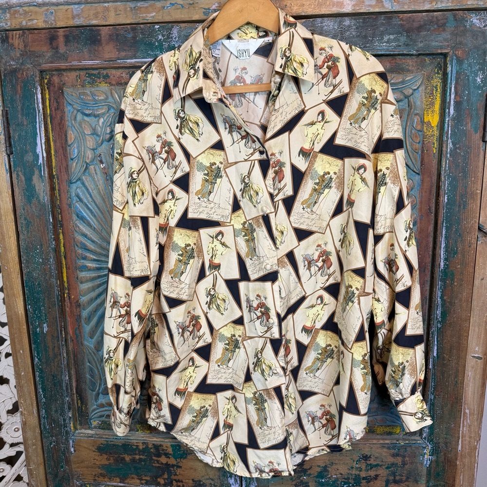 Vintage silk antique ski postcard blouse 4